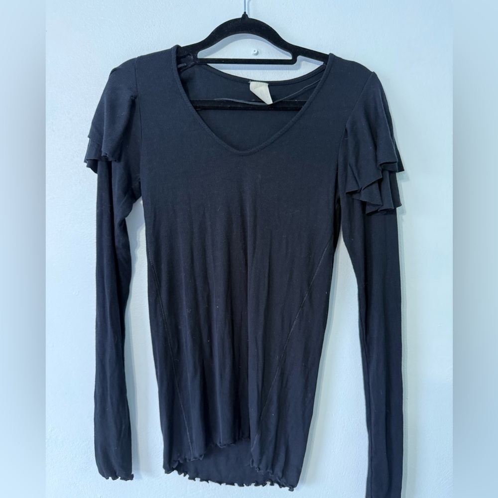 We The Free Black Long Sleeve Free People Top with Ruffle Detail